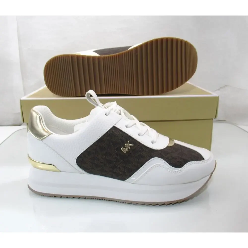Michael Kors Raina Trainer Lace Up Sneakers MK Signature Brown White Size 7.5